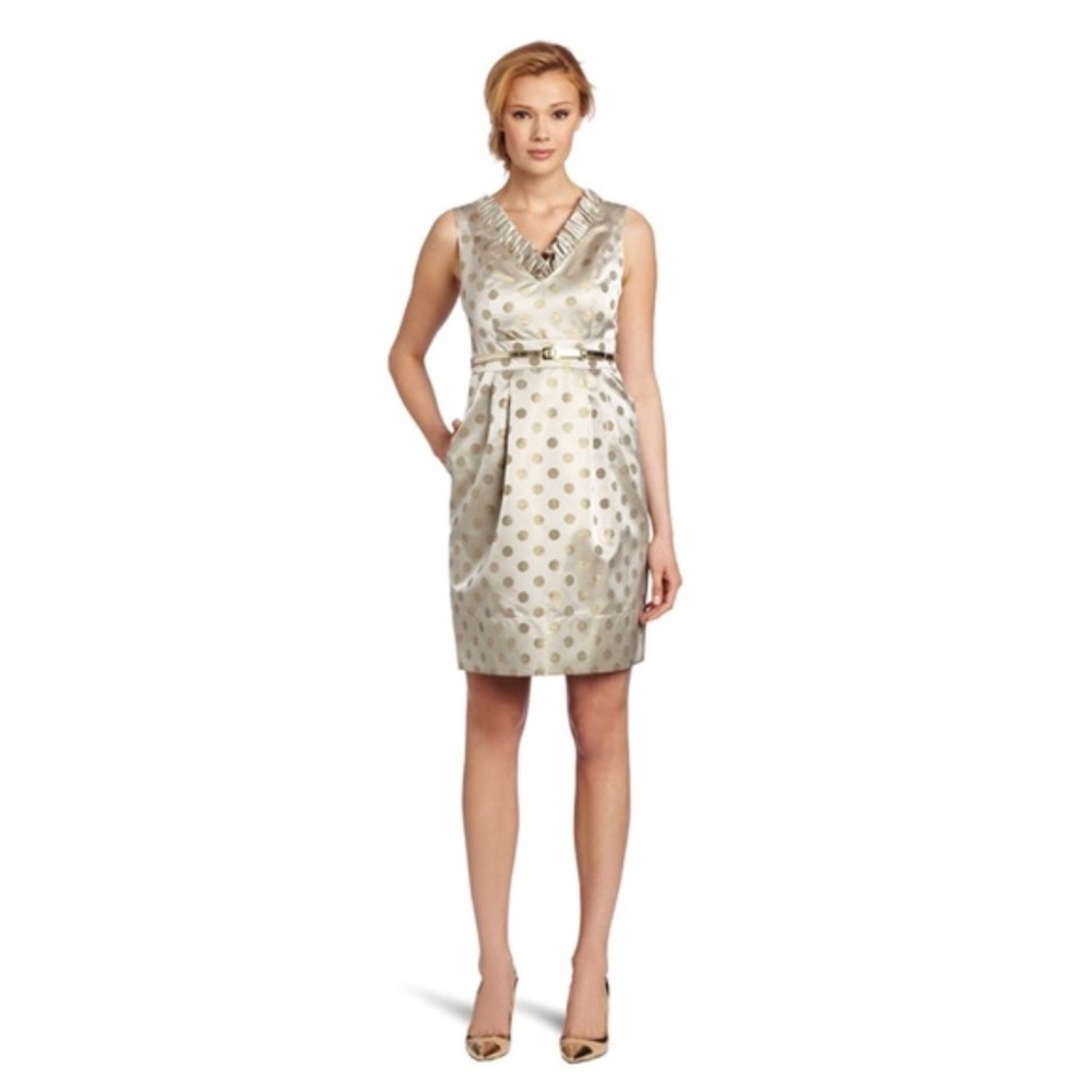 Eliza J Gold Polka Dot V-Neck Ruffle Dress